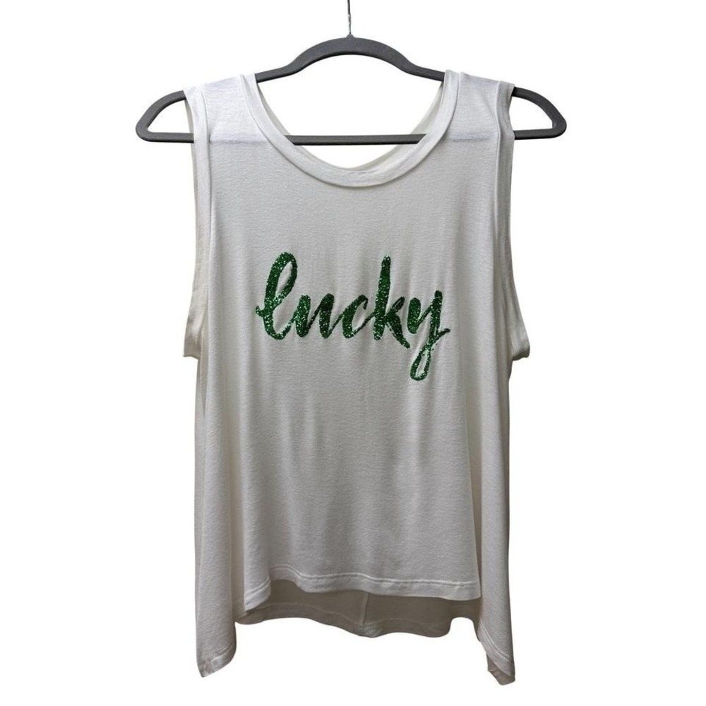 Lucky Glitter Graphic Tank White Flowy Boho Festival Top Small